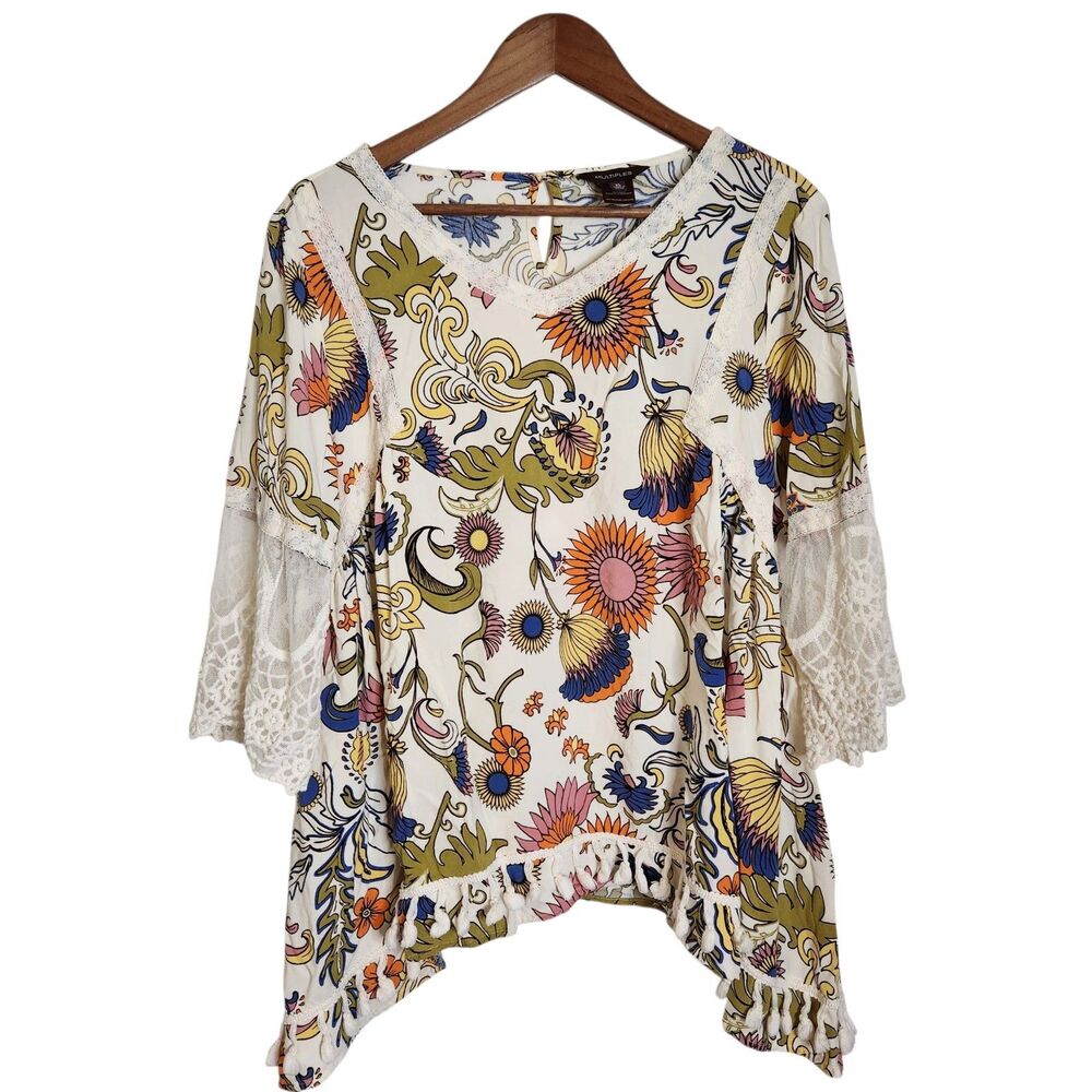 Multiples Womens BOHO Tunic Top Retro Floral Crochet Lace Asymmetrical Hem XL